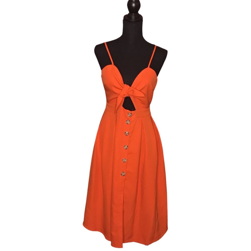Orange Front Tie Midi Button Up Dress